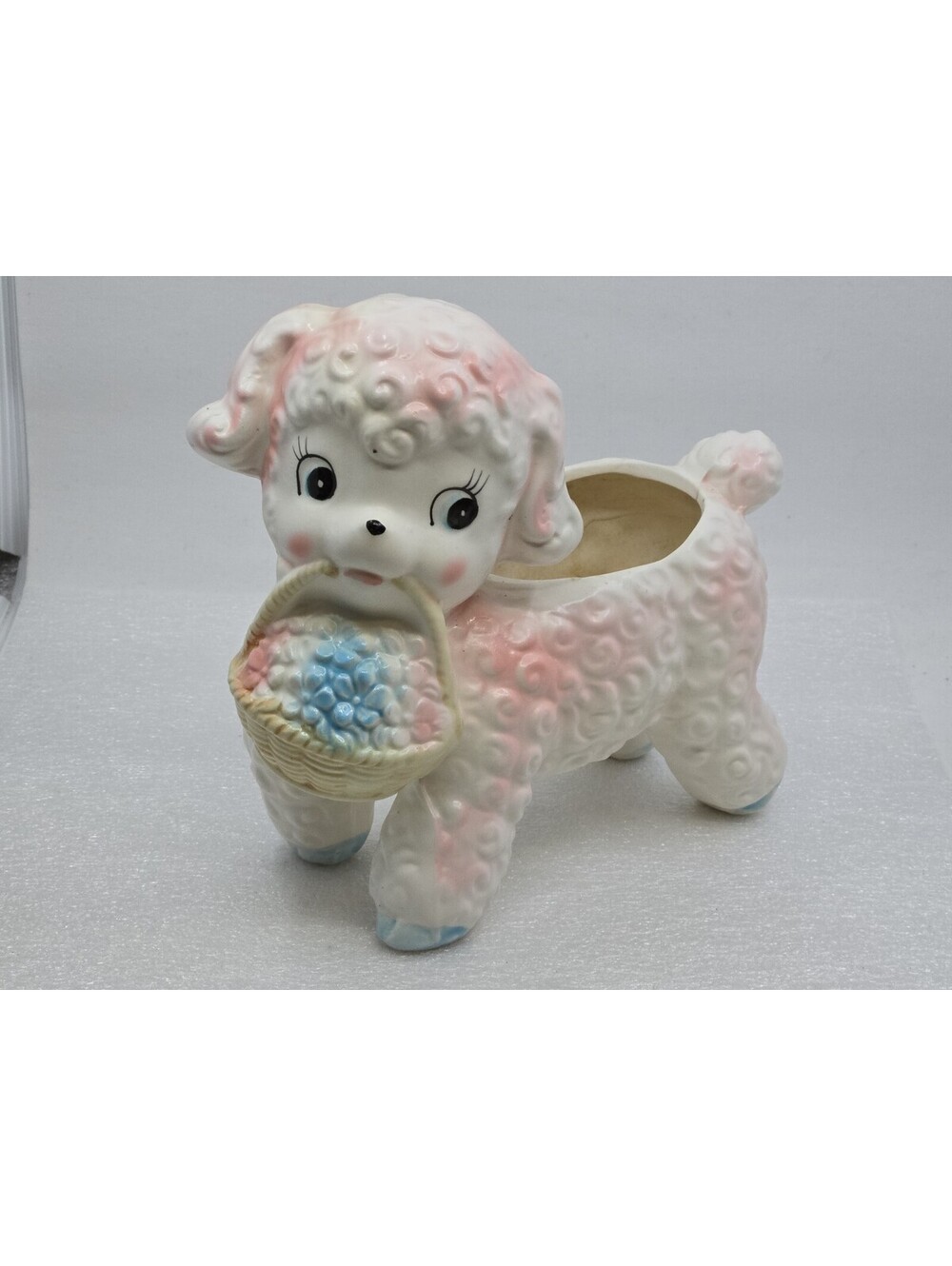 Vintage MCM Ceramic Lamb Planter Baby Nursery Sheep Pink Blue White Basket